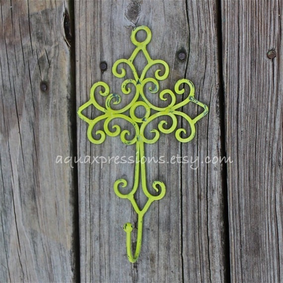Lime Green Cross Wall Hook, Single Decorative Hanger, Bright Shabby Chic, Painted Metal, Nursery Decor, Jewelry Accessory