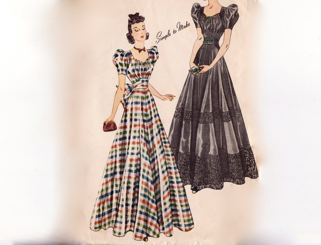 Vintage Late 30s-40 Sewing Pattern - Floor Length Evening Gown or Formal Dress w/ Shirred Neckline & Puff Sleeves - Simplicity 3247, Bust 32