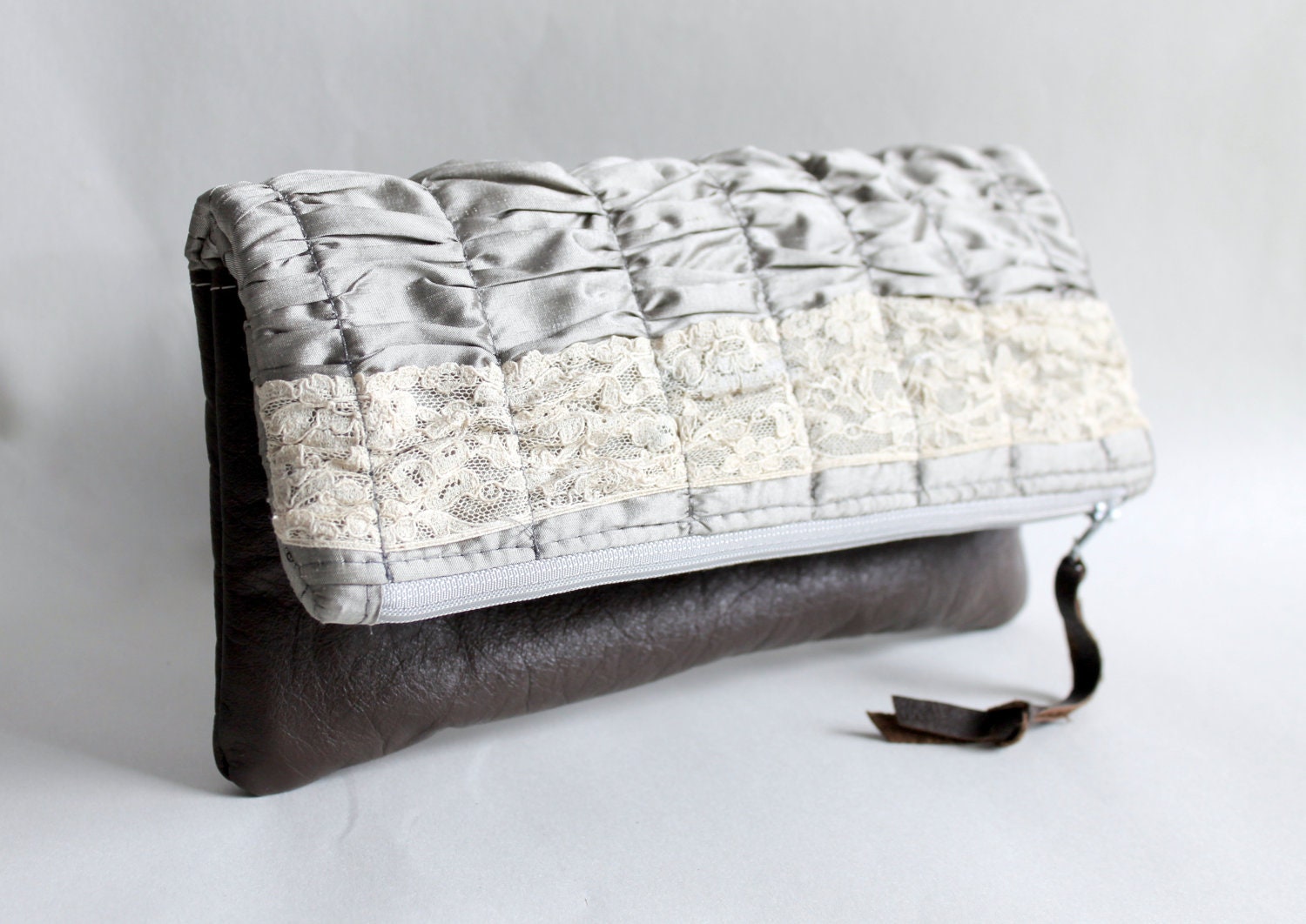 Fold over clutch, clutch purse, silk, vintage leather and lace