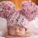Baby Hat, Preemie or Newborn Baby Girl Soft Chunky Crochet Pom Pom Mouse Ear Animal Hat - Neapolitan Pink, Brown - Photography Prop Hat