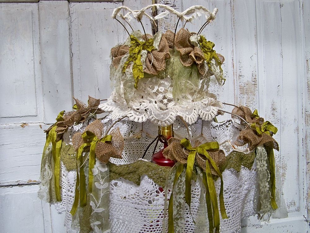 Shabby chic Victorian lamp shade decorated recycled materials tattered home decor OOAK Anita Spero
