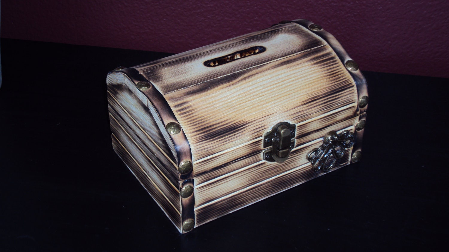 Personalized pirate wood burned octopus treasure chest, money bank box, piggy bank