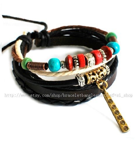 Bangle leather bracelet women bracelet men bracelet punk rock bracelet with leather ropes wood beads and metal wrist bracelet SH -2630