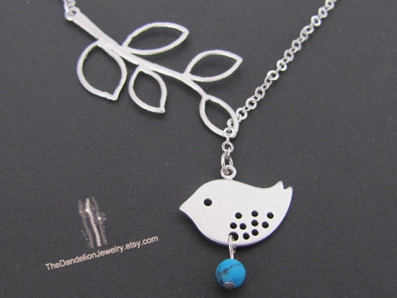 SALE, 10% OFF: Branch and bird lariat necklace with howlite turquoise in white gold, Bird necklace, branch necklace, bird pendant