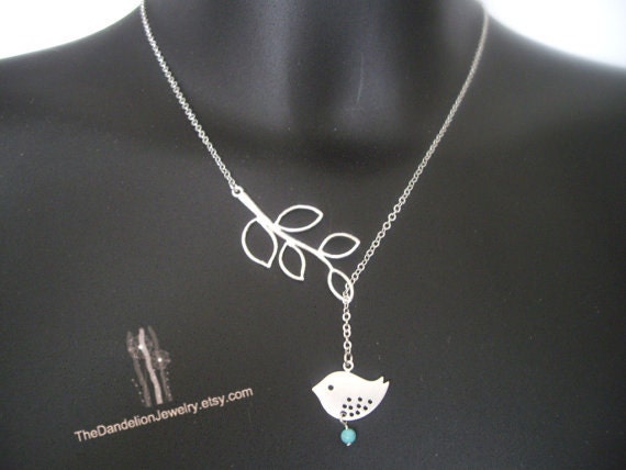 SALE, 10% OFF: Branch and bird lariat necklace with howlite turquoise in white gold, Bird necklace, branch necklace, bird pendant