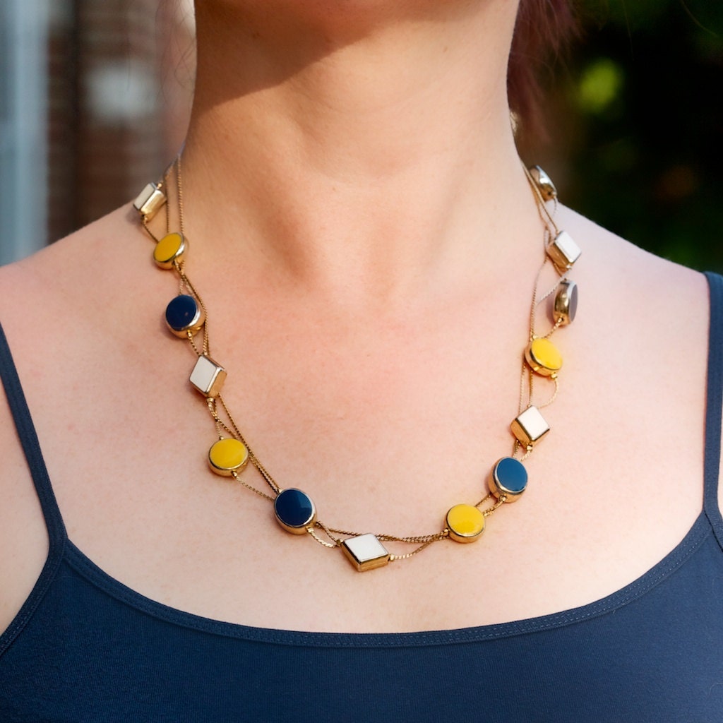 Vintage Three Strand Necklace with Yellow, Blue and White Ceramic Details
