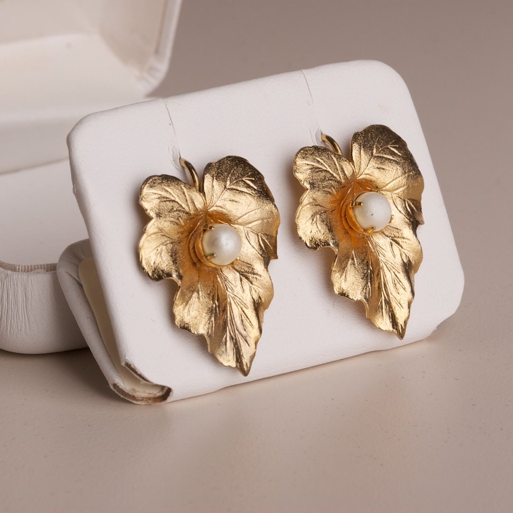 RESERVED Vintage Sarah Coventry Gold Tone Leaf Earrings with Faux pearl Accent