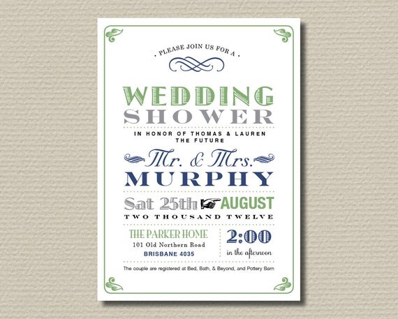 Printable Couples/Wedding Shower Invitation - Poster design in Green & Navy (BR47)