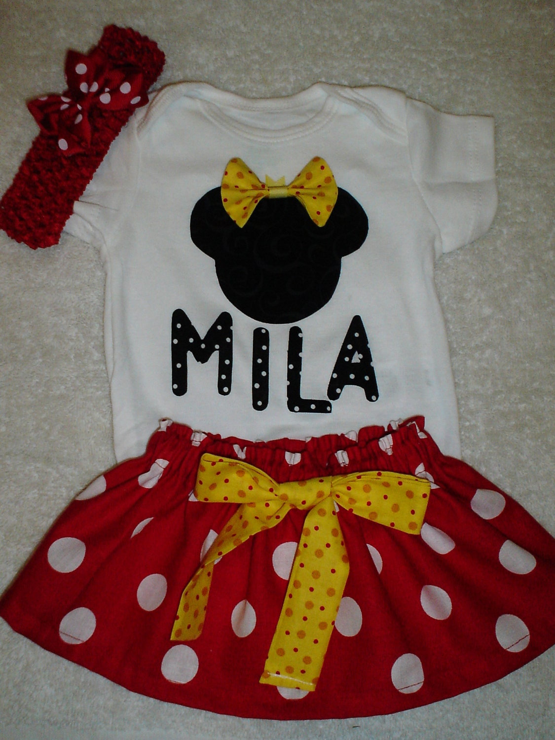 Minnie Mouse Skirt Outfit Set Girls Size Newborn 3 6 9 12 18 months 3T 4T 5T Personalized Red polka dot bow headband