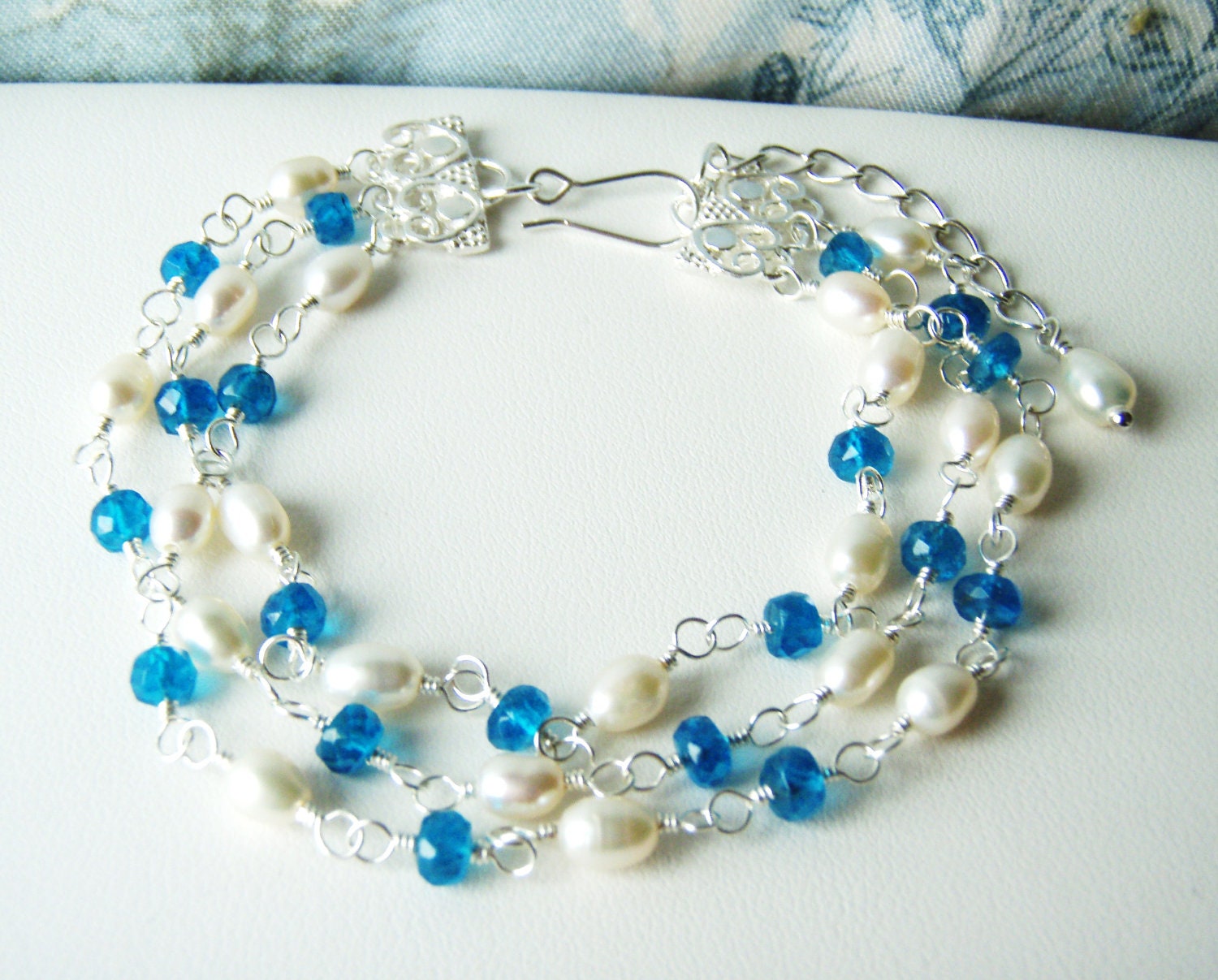 RESERVED - Blue apatite and pearl multi strand bracelet, sterling silver jewellery