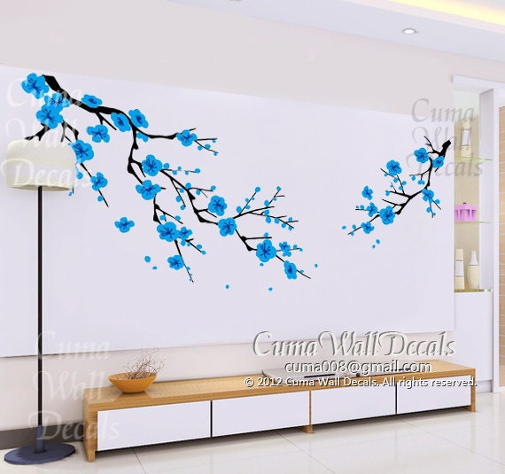 blue cherry blossom wall decals white flower vinyl mural nature wall sticker children decals nursery wall mural-cherry blossom Z163 cuma