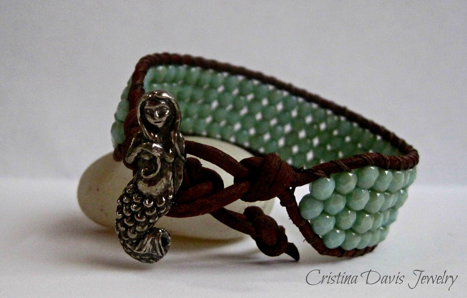 Beaded Leather Cuff, Mermaid's Tail Seafoam Stardust, pale turquoise, Boho chic, Beach