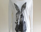 Bunny Rabbit Smoking Pipe Cigar Animal Style Women T-Shirt Animal T-Shirt Sweater Long Sleeved White Sweatshirt Screen Print Size L