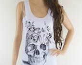 Skull Flowers (Size S) Art Design Zombie Tank Top Women T-Shirt Skull Shirt Skull T- Shirt White Tank Tunic Vest top