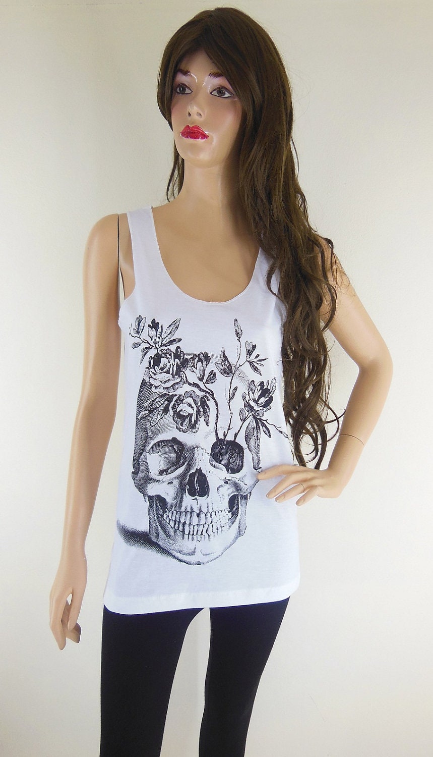 Skull Flowers (Size S) Art Design Zombie Tank Top Women T-Shirt Skull Shirt Skull T- Shirt White Tank Tunic Vest top