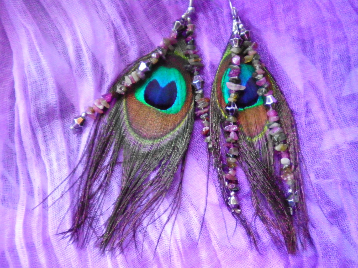 Watermelon Tourmaline Gemstone Chips with Peacock Feather Earrings