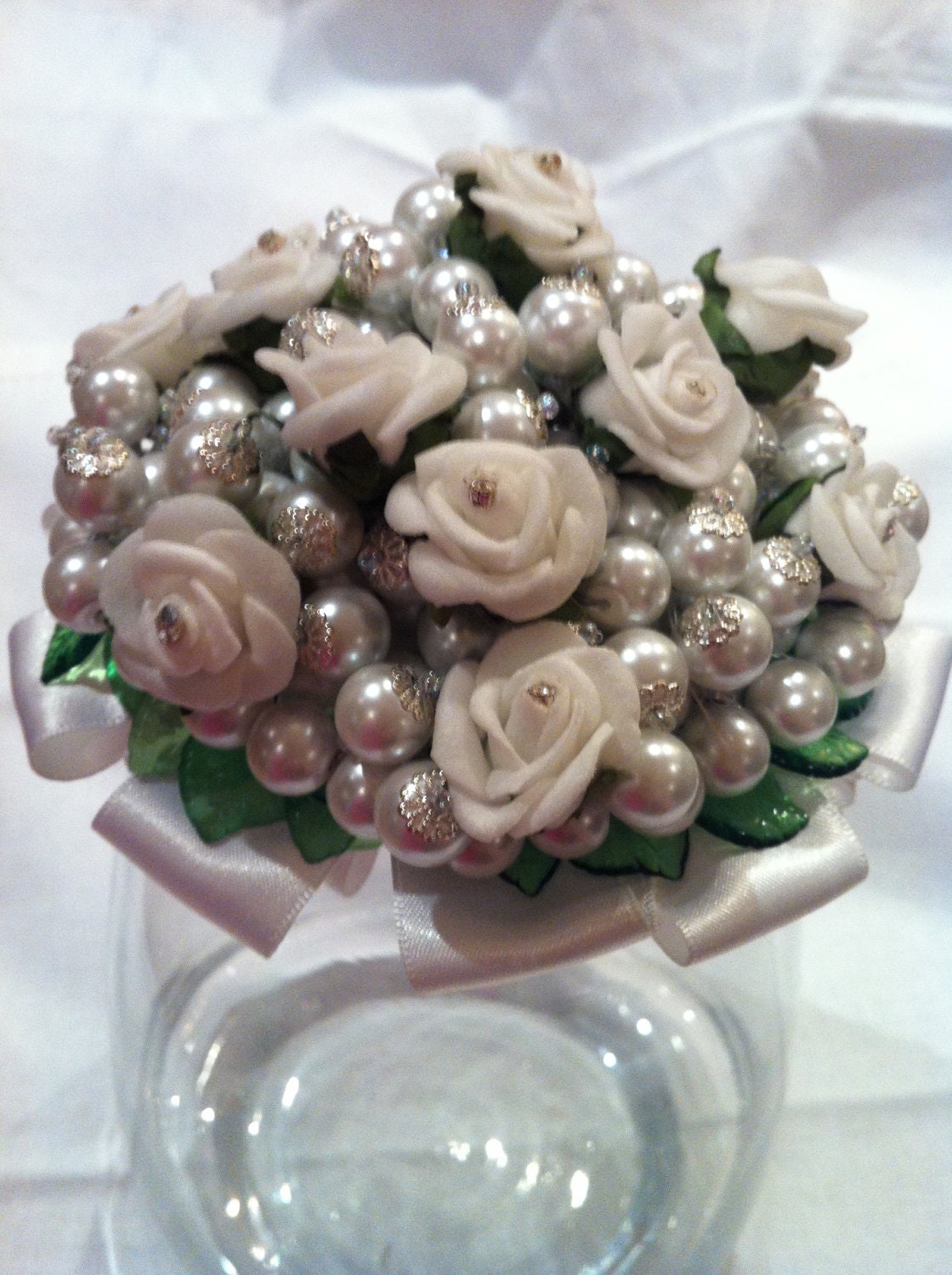 Beautiful, unusual wedding bouquet, handmade and one of a kind. White roses, silver pearls and diamante