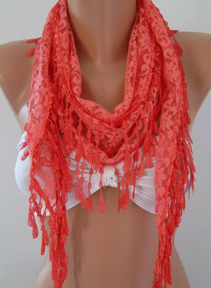 trendscarf pomegranate flower color - Elegance Shawl - Scarf with Lacy Edge