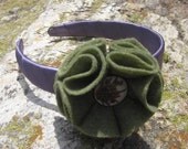 CLEARANCE -- Green Flower with Vintage Button on Purple Headband