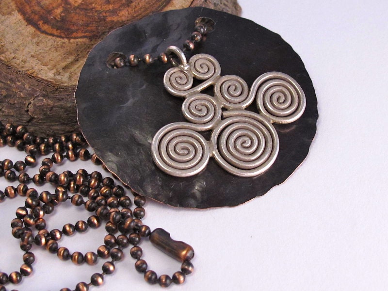 Large Silver Triple Spiral, Dark Brown Patina on Hammered Copper Disk Necklace Pendant, Rustic, Primitive, Earthy