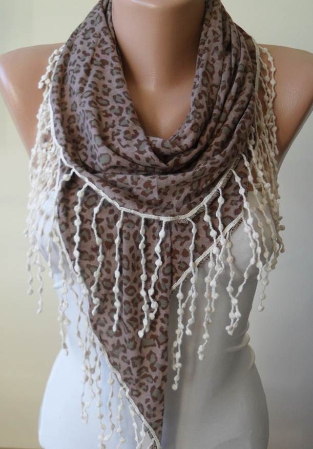 New Scarf - Mother's Day Gift Scarf - Triangular - Gift - Light Brown and Leopard Scarf with Beige Trim Edge