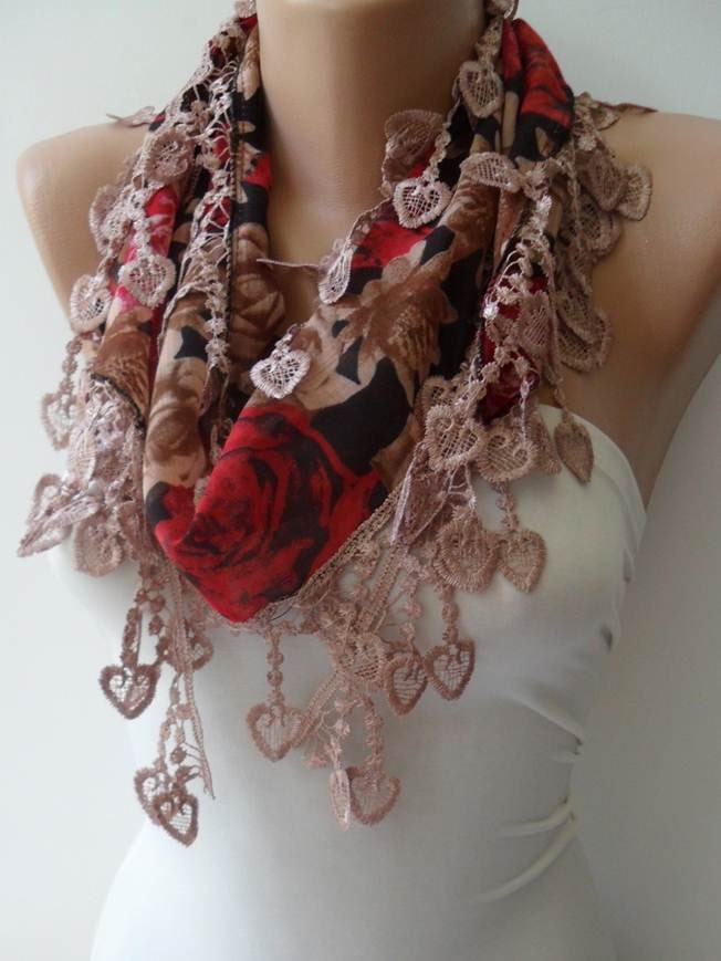 New - Light Brown and Red Scarf with Trim Edge - Summer Colors - New