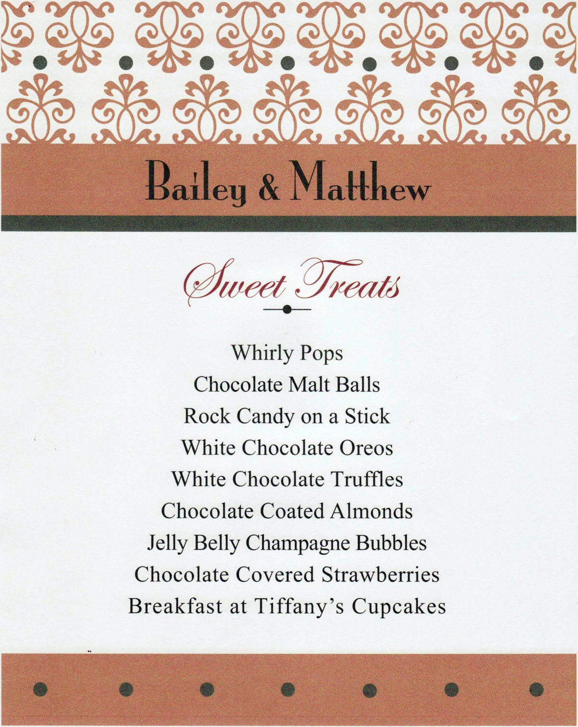 Custom Dessert Menu - Wedding - Reception - Bridal Shower - Candy Buffet - Event