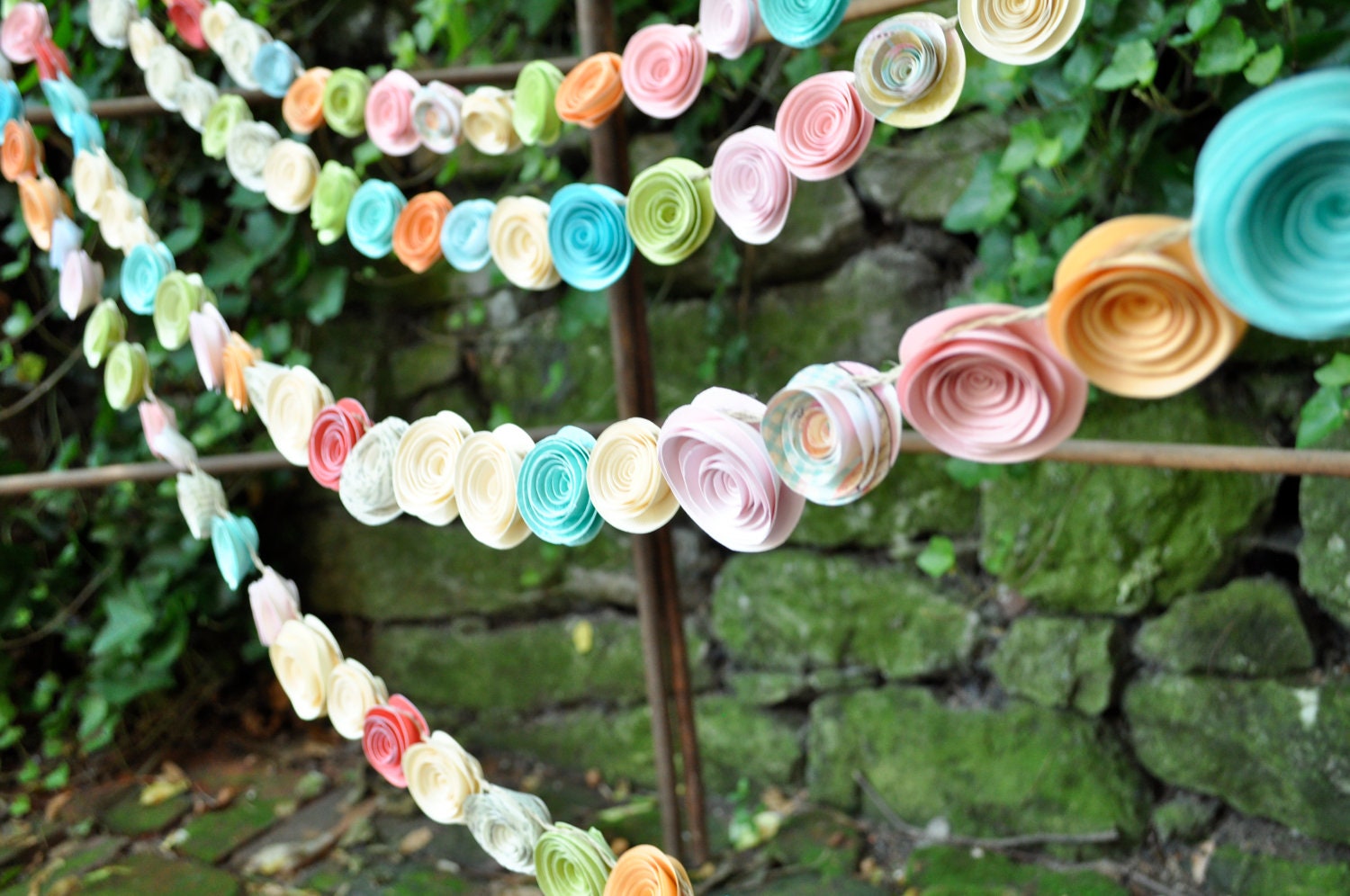 Wedding Garland Paper Flowers Cream, Blue, Pink, Green, Peach Pastel Garland 22 feet