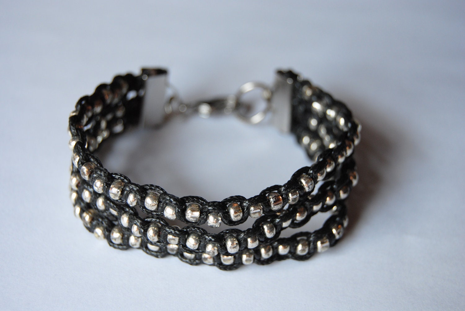 triple layer beaded bracelet // black & silver
