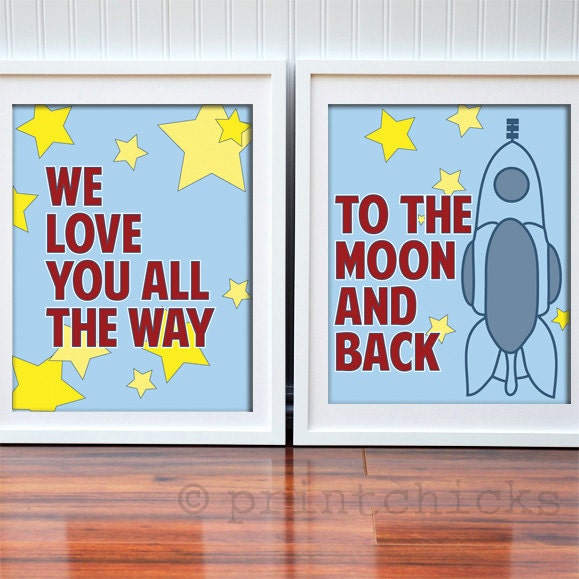 To the Moon and Back - Boys Nursery Room Decor -Pottery Barn Kids Room Decor - Personalized Print Set - 8 x 10