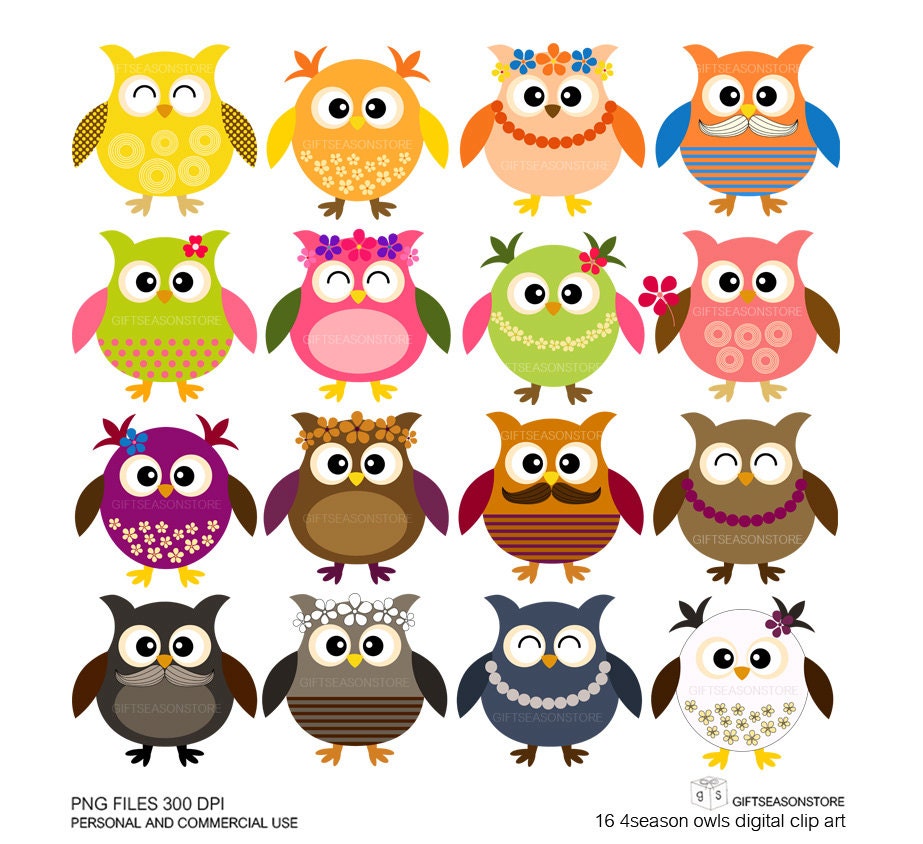 16 owls fashion of 4 season Digital clip art for Personal and Commercial use - INSTANT DOWNLOAD