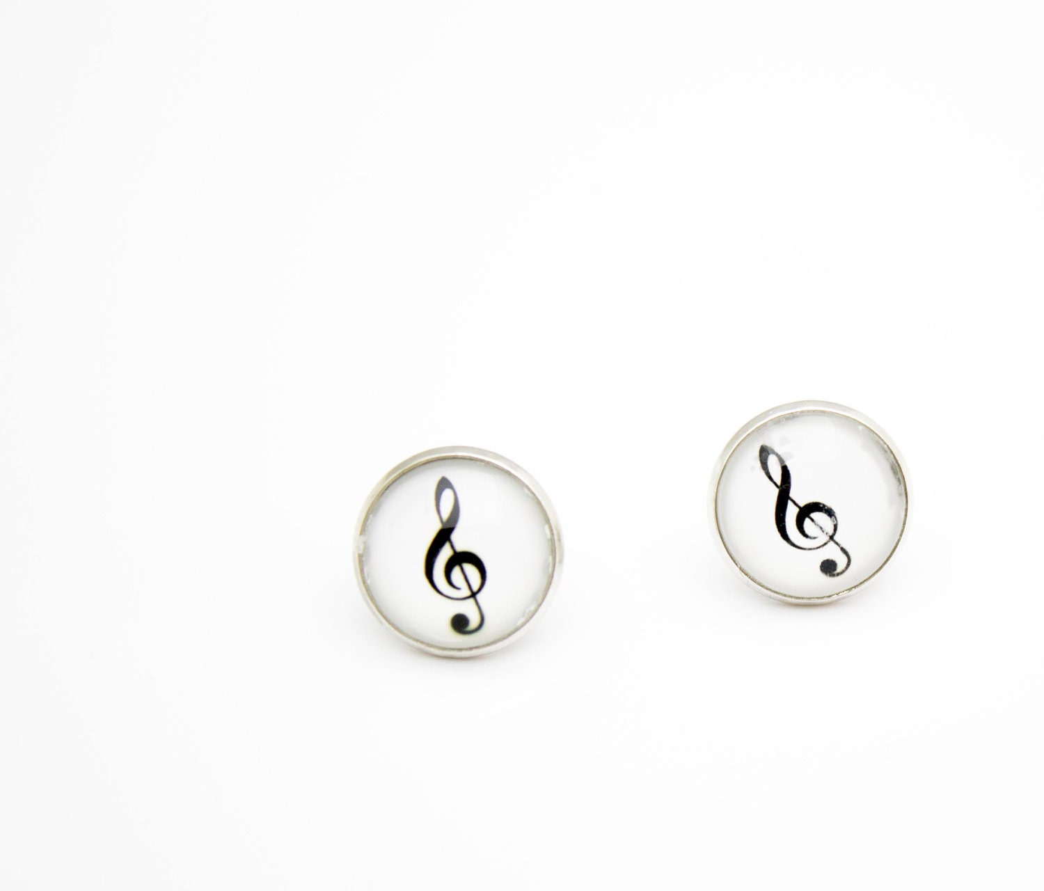 Music Stud Earrings, Treble Clef Post Earrings, Black and White Silver Tone Glass Jewelry