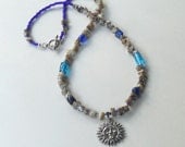 Silver Sun Shell Necklace - Aqua Cobalt Blue Glass Beads - Summer Caribbean Beach Fun - Boho Fashion Beaded Jewelry - Moon Pendant