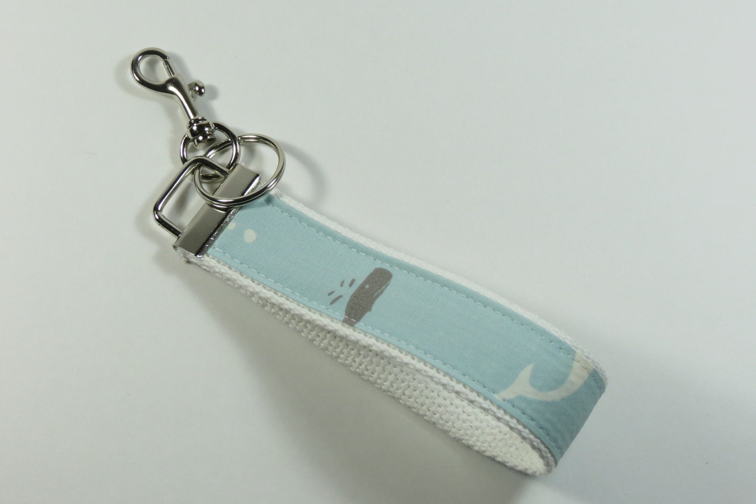 Whale of a Tale Wristlet Key Chain WITH Trigger Snap Hook - Baby Blue Key Fob - Fabric Key Chain - Fish, Ocean Themed Key Chain