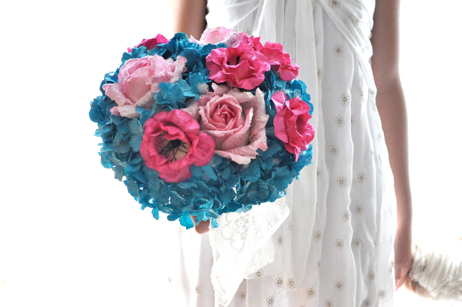 Bouquet of paper flowers. Teal and hot pink wedding flowers, Aqua Paper flower bouquet, Vibrant wedding flowers