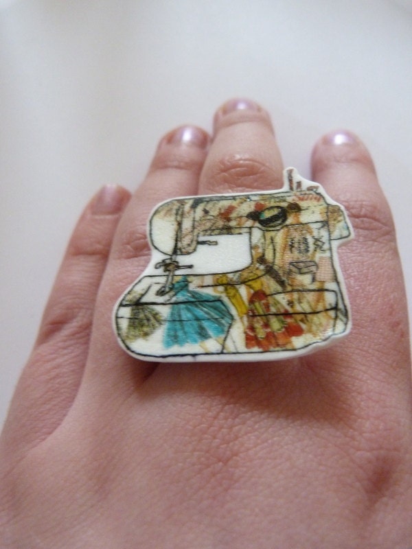 Sewing machine - Sewing patterns -  hand illustrated - adjustable sterling silver ring