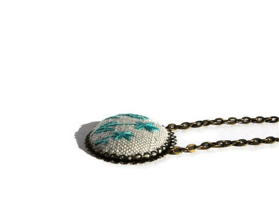 Embroidered rustic floral necklace embroidery Pendant