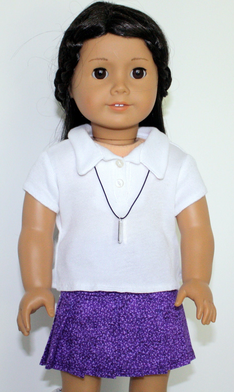 American Girl Doll White Knit Polo Shirt Purple Print Pleated Skirt  Charm Necklace - JessieAmerica