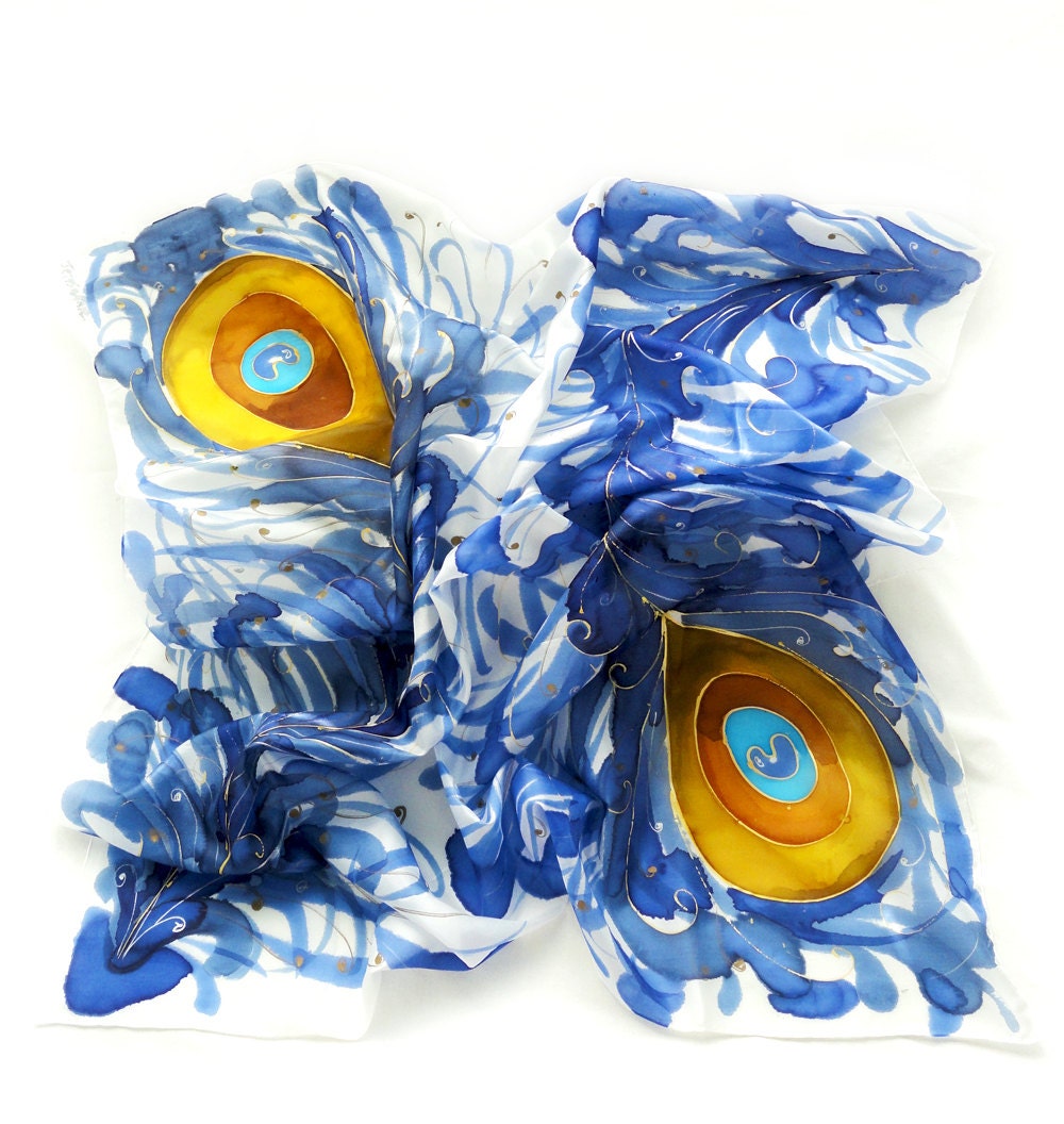 Blue Silk Scarf. Hand Painted square Silk Scarf. Blue, Orange Yellow Silk Shawl. Peacock Fashion. 35 x 35 in. (90x90cm). Ready to Ship.