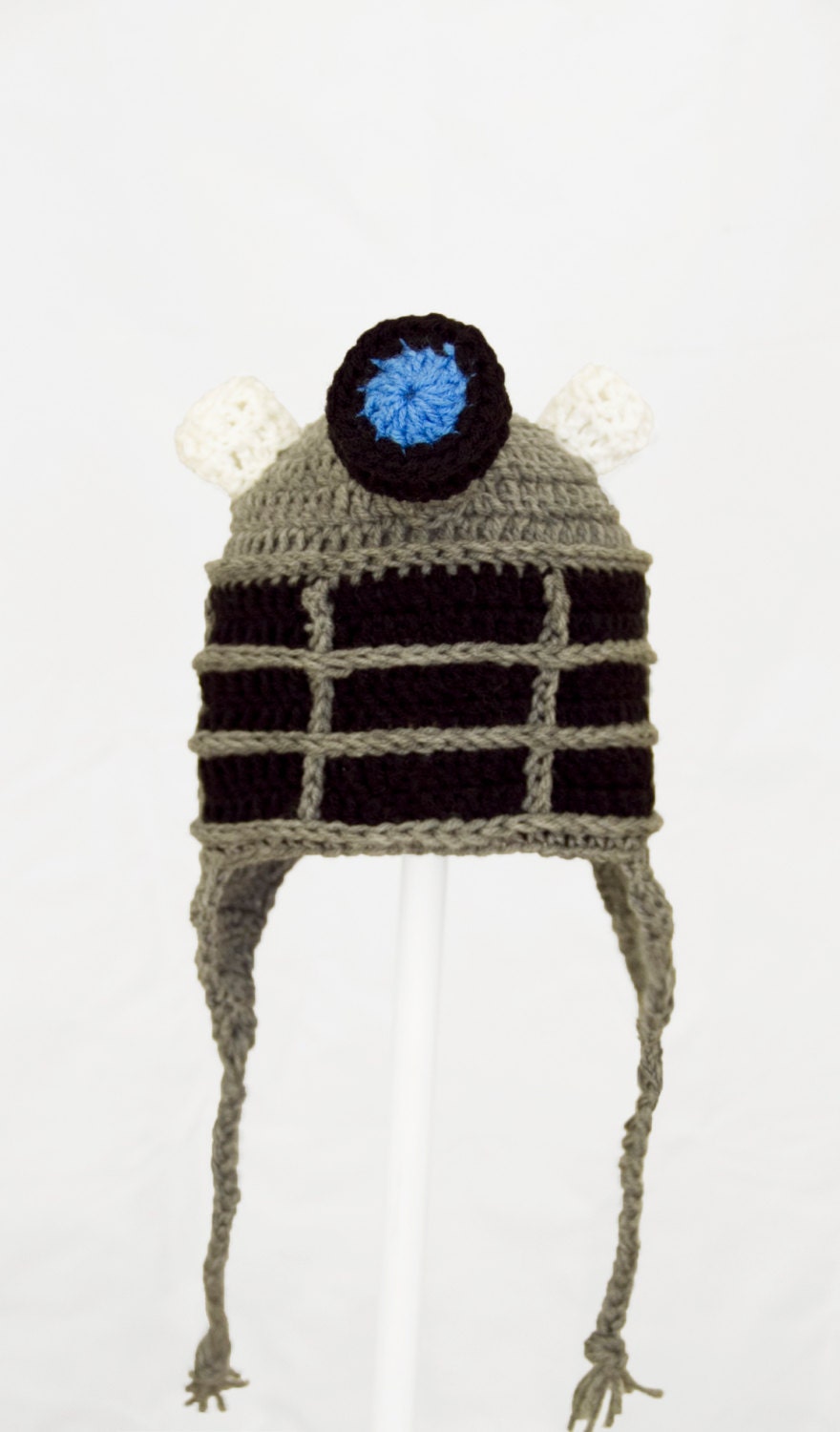 Dalek Earflap Hat from Doctor Who, Grey Exterminate Robot Crochet Beanie, send size choice baby - adult