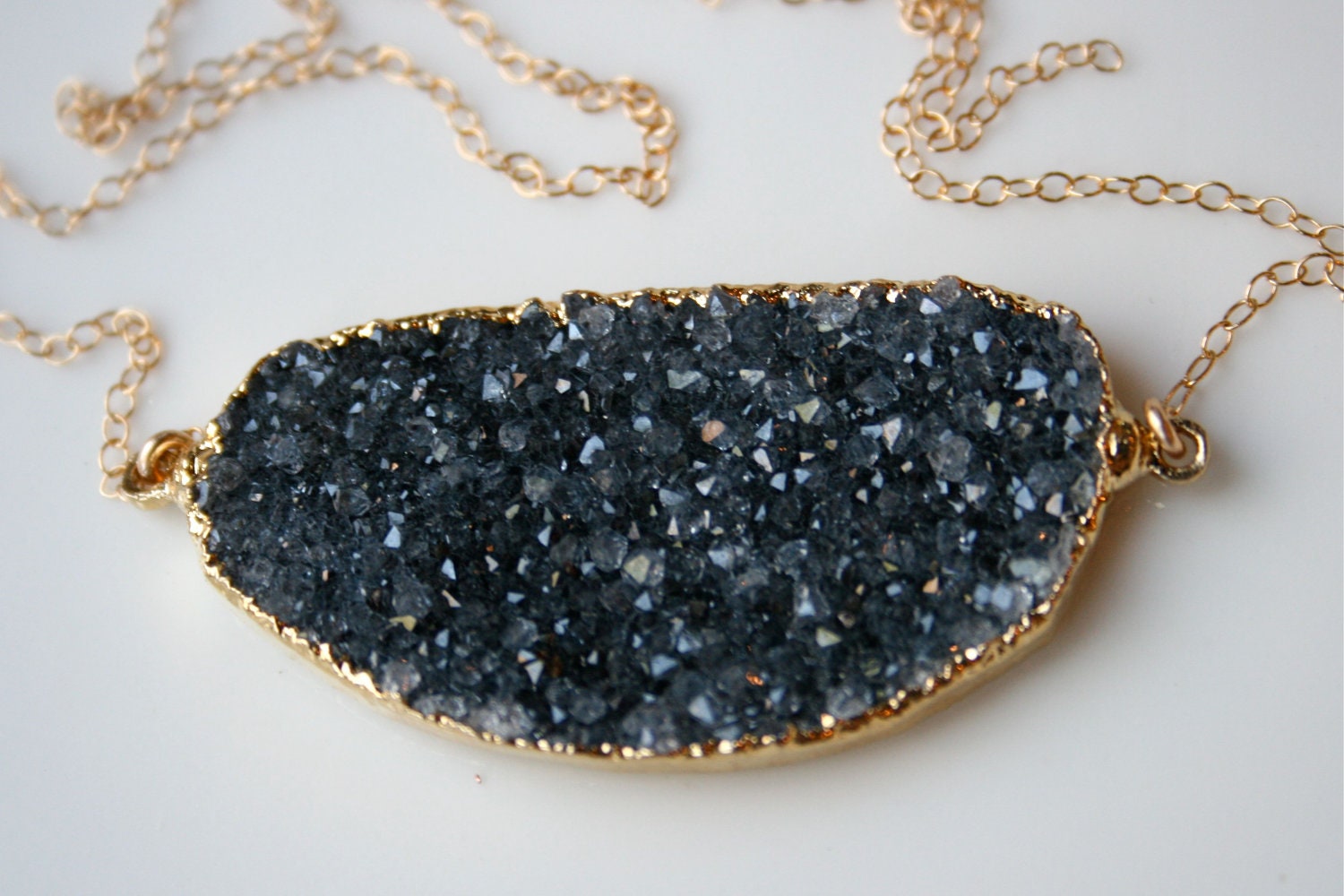 Dark Gray Druzy Necklace Edged in 24k Gold