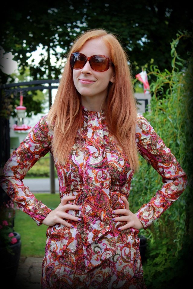 60s 1960s/ 70s 1970s Metallic Paisley Ascot Dress / Bohemian / XS Extra Small or S Small