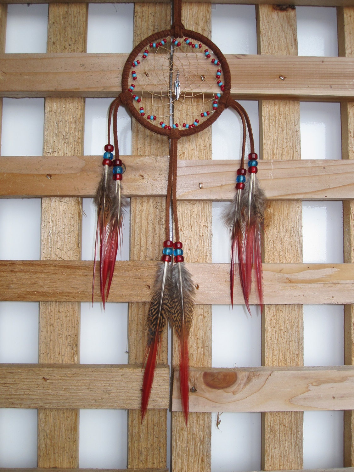 Cinnamon Suede Dream Catcher with Golden Pheasant Tail Feathers