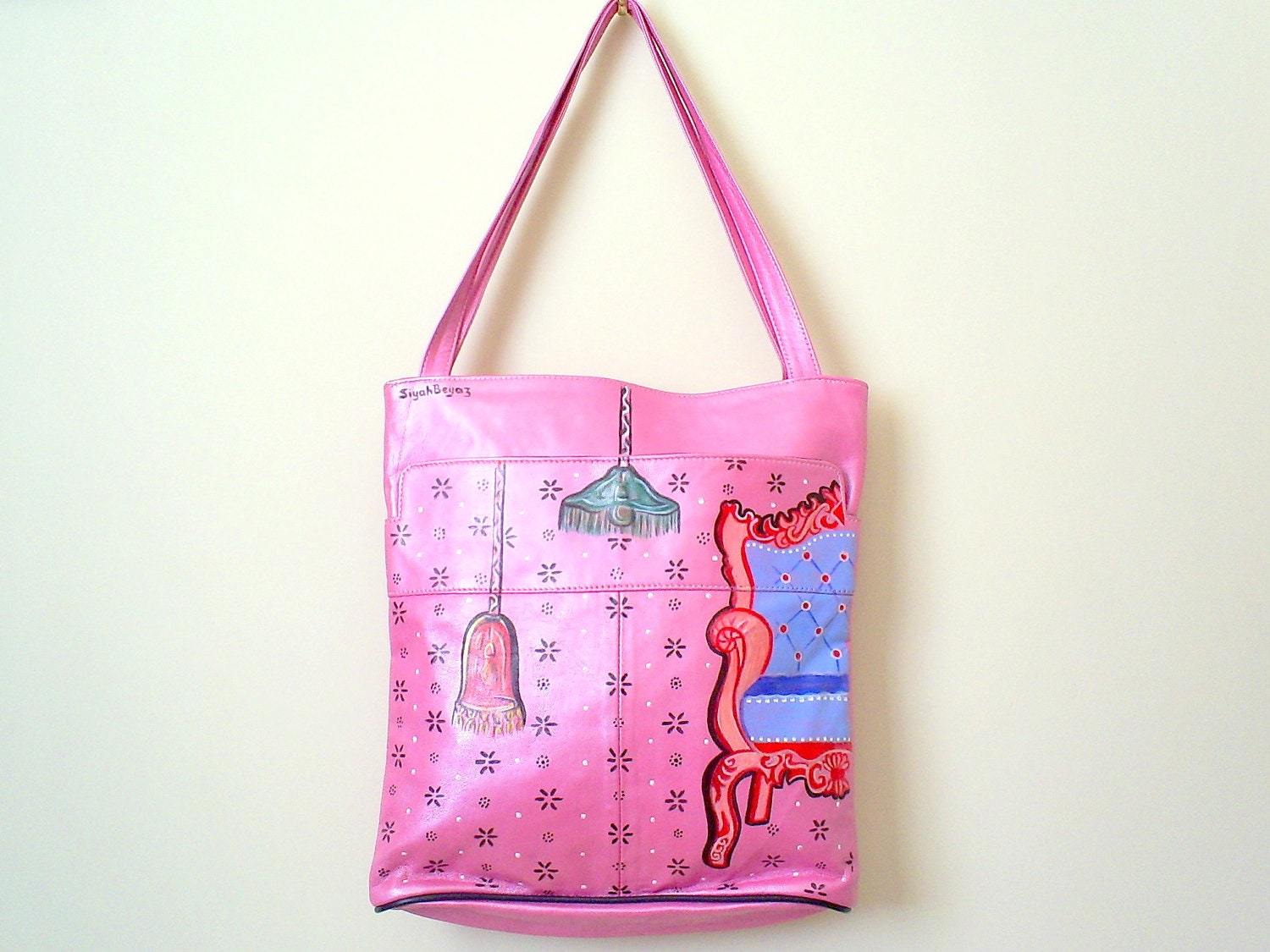 SALE Pink genuine leather shoulder bag, handpainted ARMCHAIR