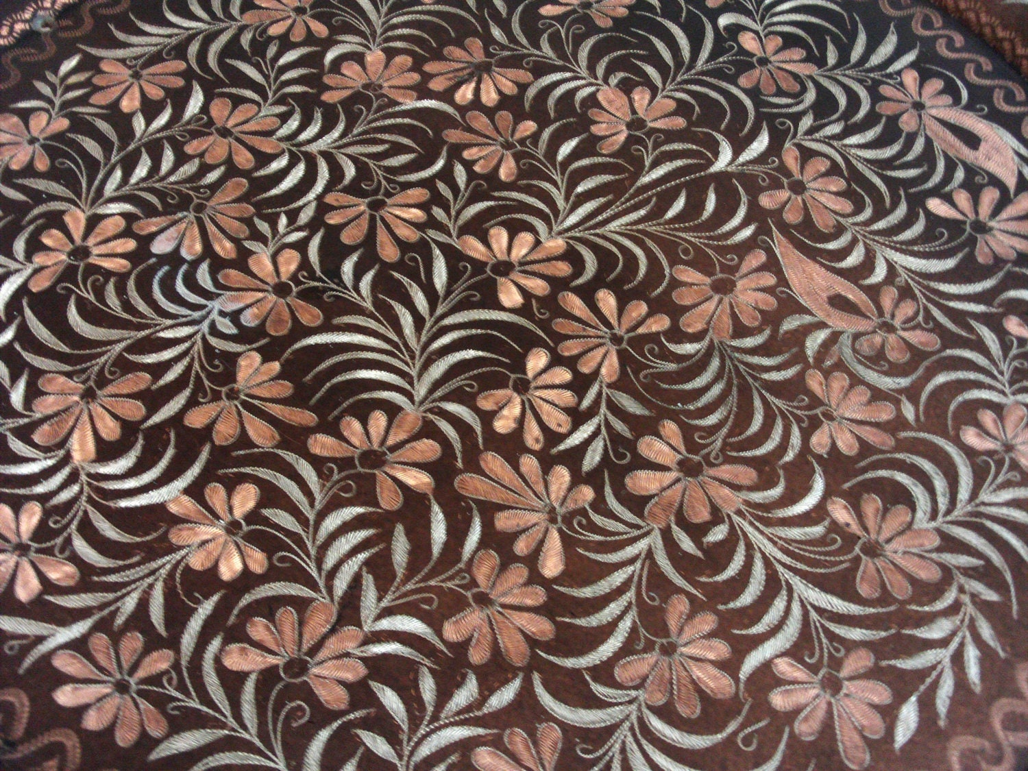 Large serving TRAY vintage ETCHED COPPER folk art flowers - Wall hanging metal decor 16'' decorative plate - Floral etching dish