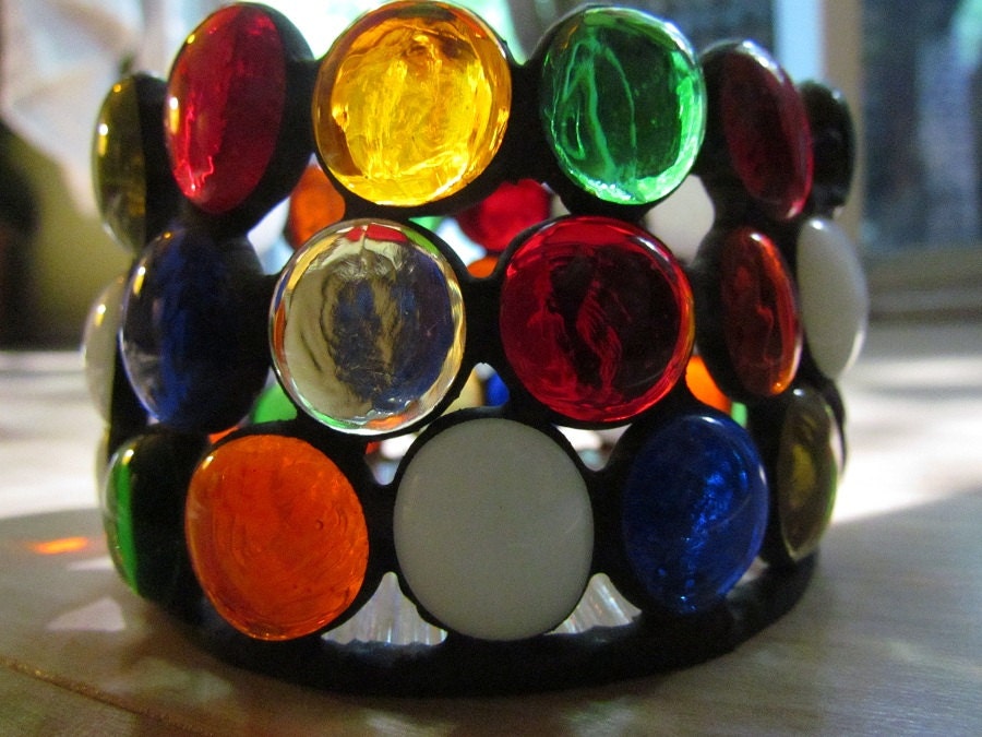 Stained Glass Candle Holder, Multi Colour Glass Beads, 45 Glass Beads, Yellow, Green, Blue, Red, Orange and White glass Beads TREASURY ITEM
