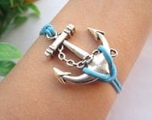 anchor bracelet--silver charm pendant,anchor jewelry,blue leather strip,alloy bracelet