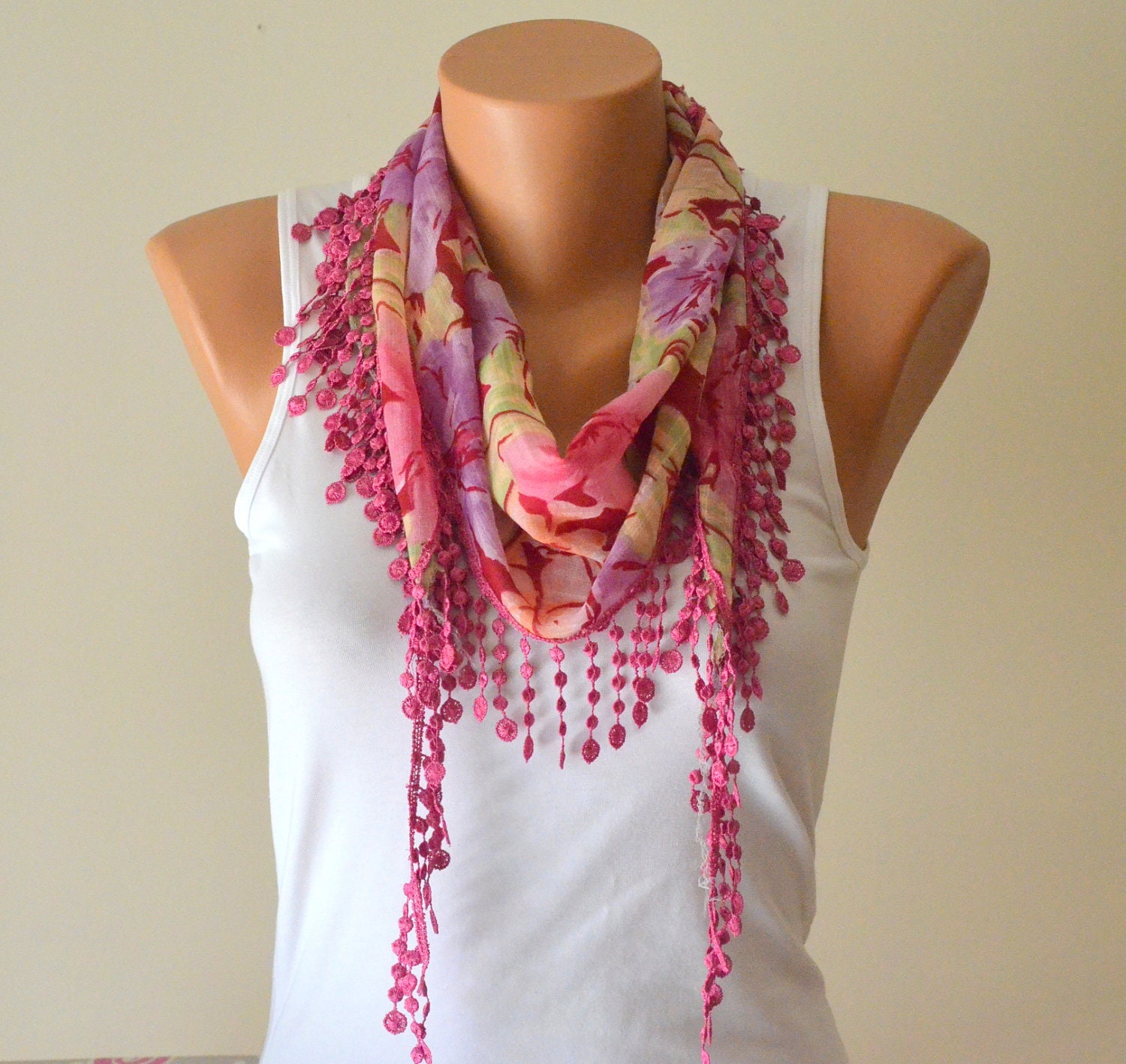 cotton scarf,hot pink multi color cotton scraf with lace edge womens scarves summer fashion summer scarves from bystyle