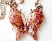 Copper Stain Glass Enamel Plique A Jour Butterfly Necklace Vintage Collectable Jewelry Pink Lavender Orange Brown Unsigned Beauty