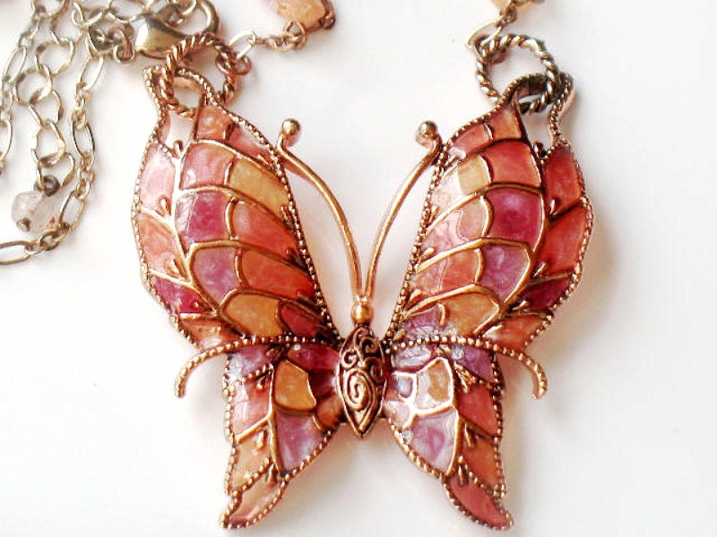 Plique A Jour Butterfly Necklace Copper Stain Glass Vintage Collectable Jewelry Pink Lavender Orange Brown Unsigned Beauty Spring Summer
